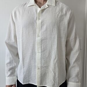 Bershka- Men's Off-White Textured Long Sleeve Button-down